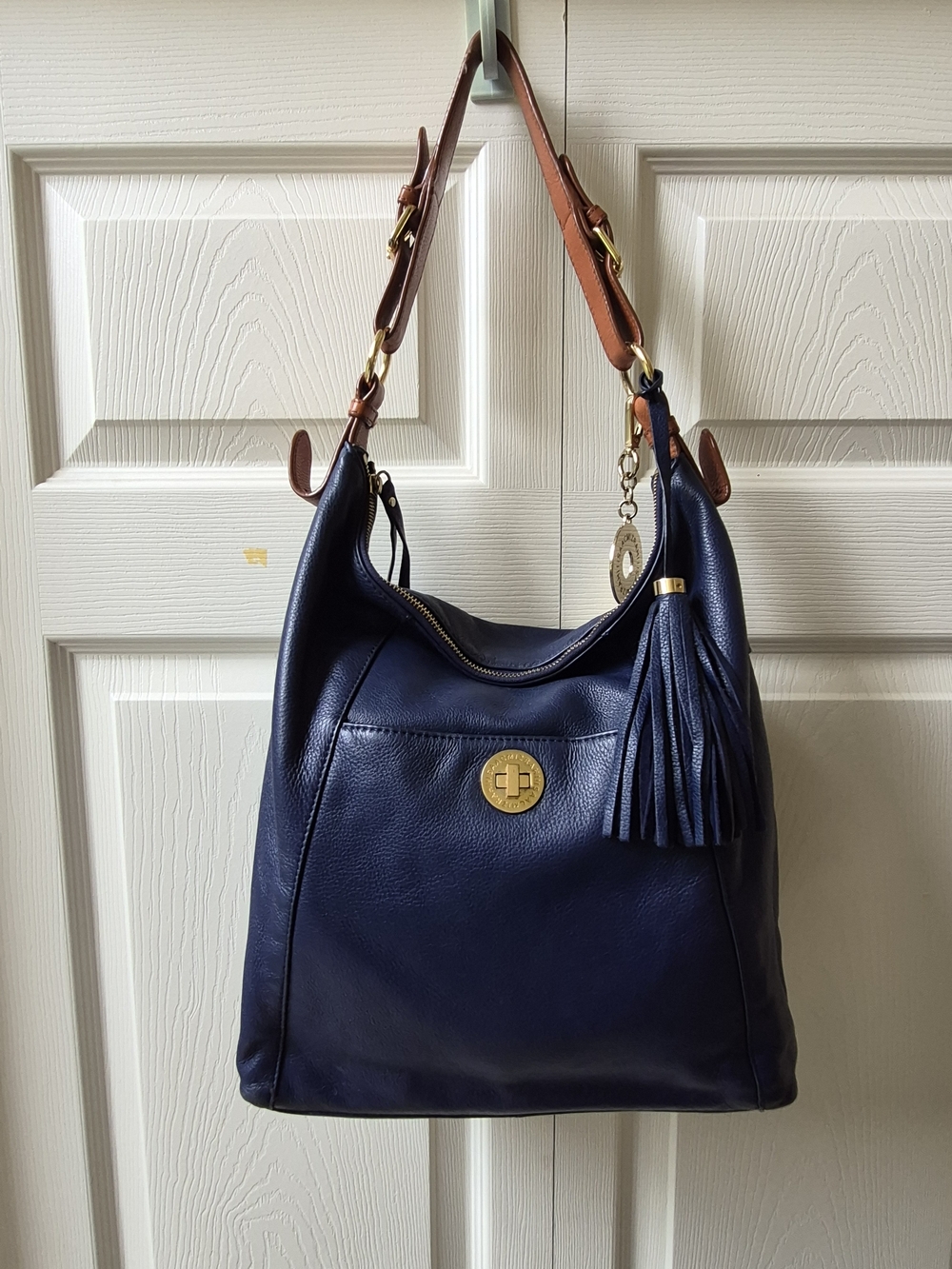 Isaac Mizrahi Navy Leather Shoulder Hobo with Brown Strap and Tassel